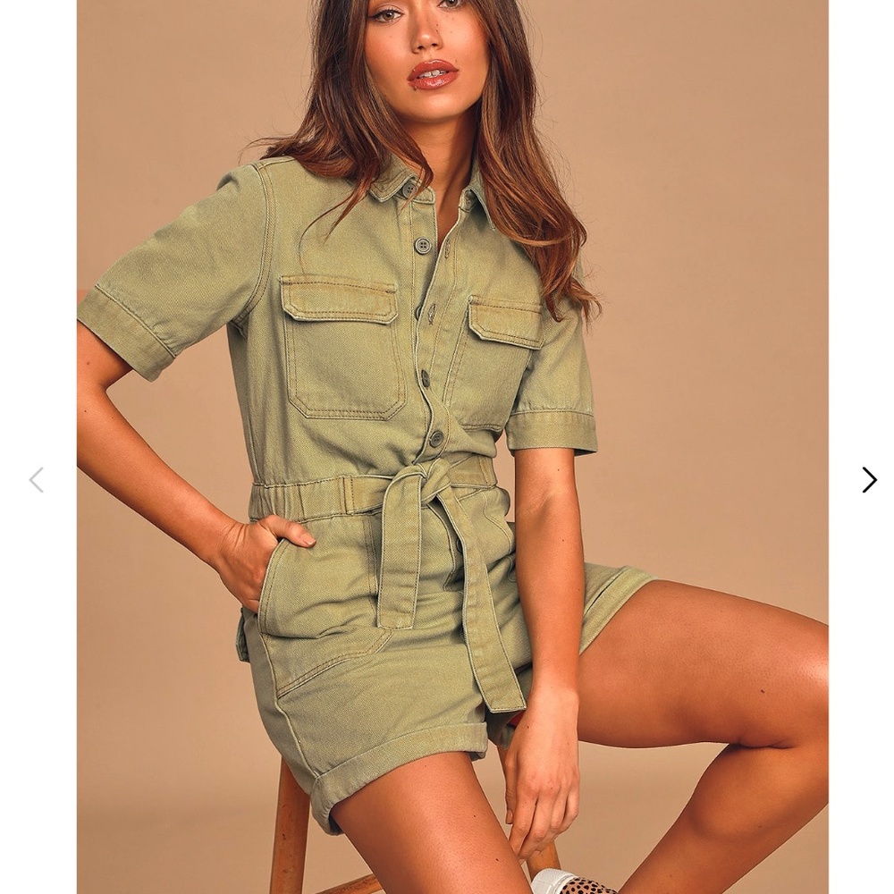 Lulus Olive Green Utilitarian Rumor Has It Denim Short Sleeve Button-Up Romper L